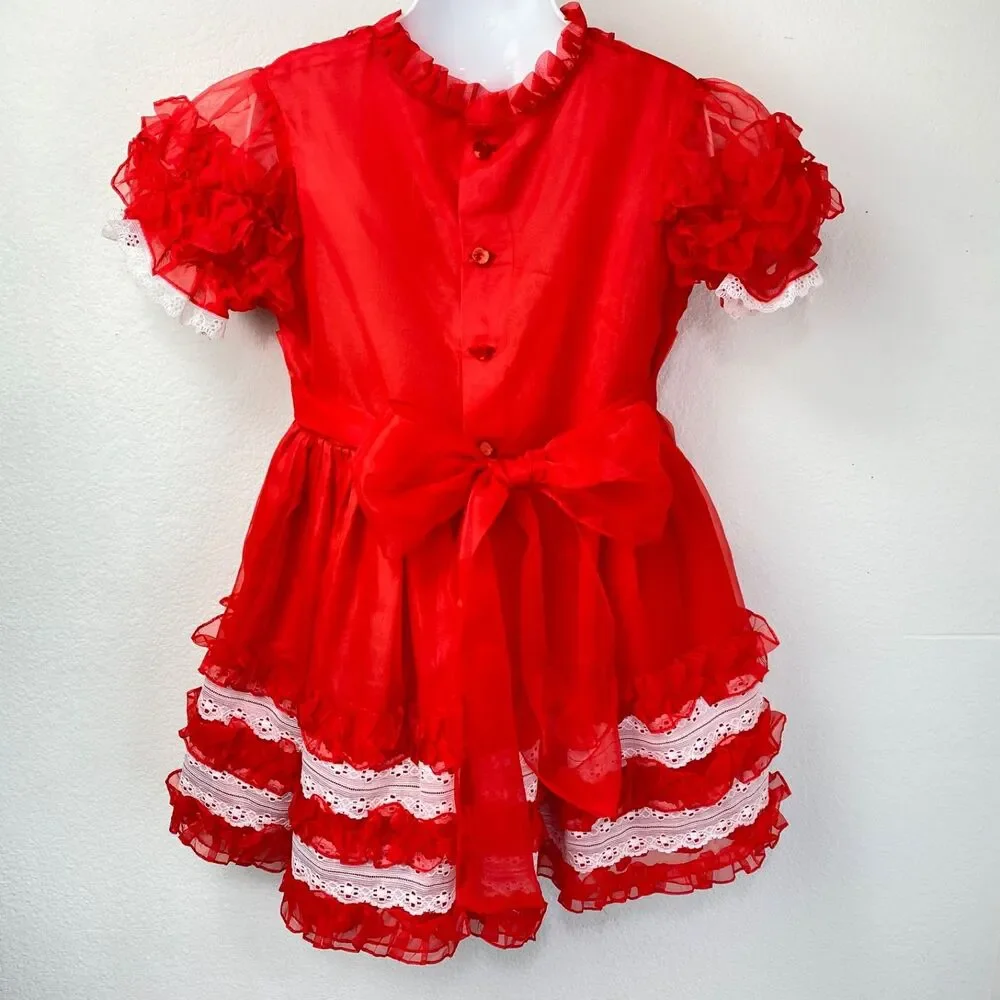 Vintage Girls Red Nylon Chiffon Dress Lace Puff Sleeve Holiday Christmas Size 6